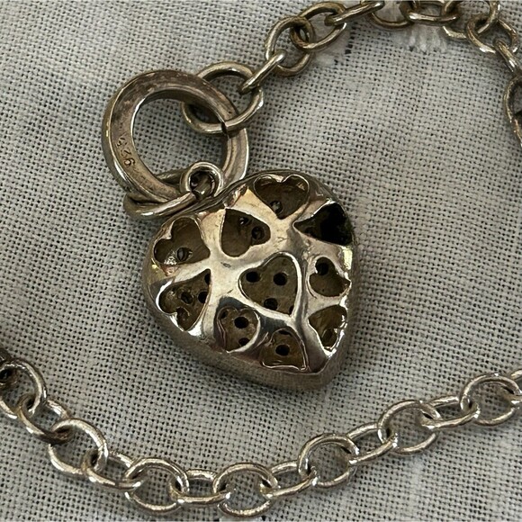 Vintage Sterling Silver Chain Link Toggle Bar Bracelet With Puffy Heart Pendant - Picture 2 of 4
